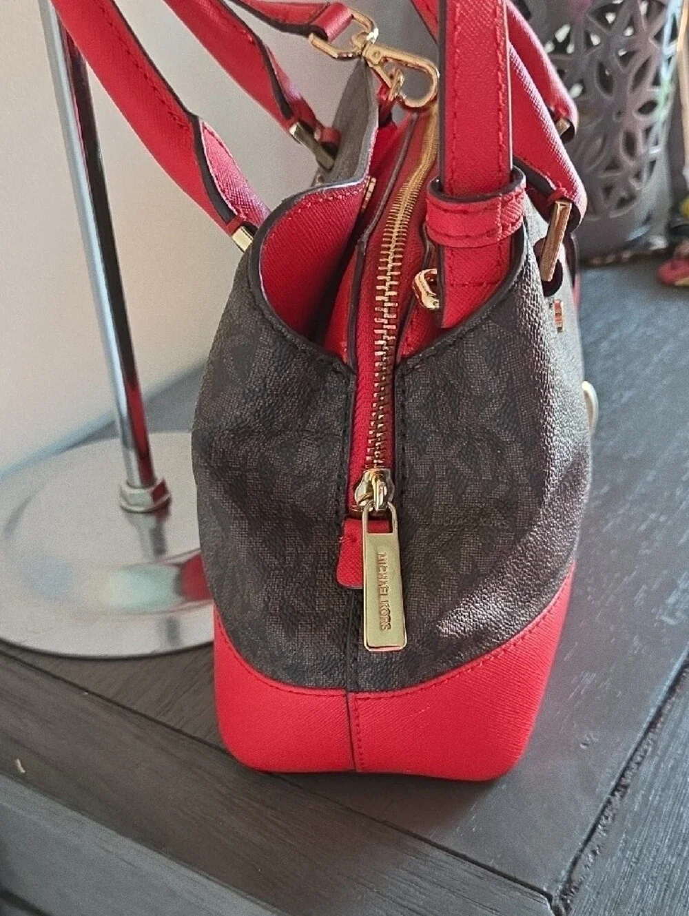 Michael Kors Savannah Small Satchel Brown Logo with Red Trim